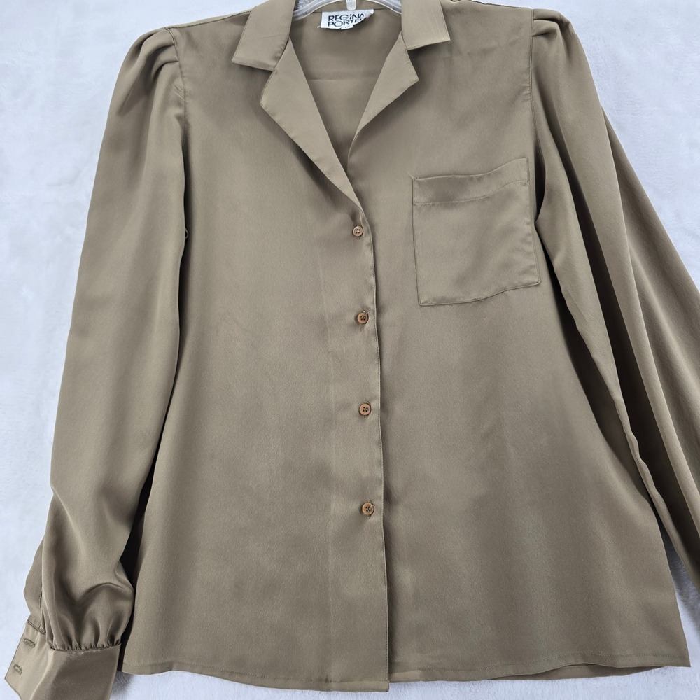 Regina Porter Blouse Womens‎ Button Up Taupe Long Sleeve Puffed Shoulder Vintage